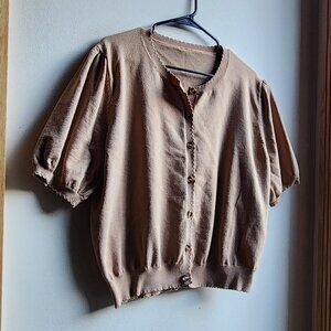 Amazon Tan Short Sleeve Button Down Cropped Plus Size Cardigan Size 2XL
